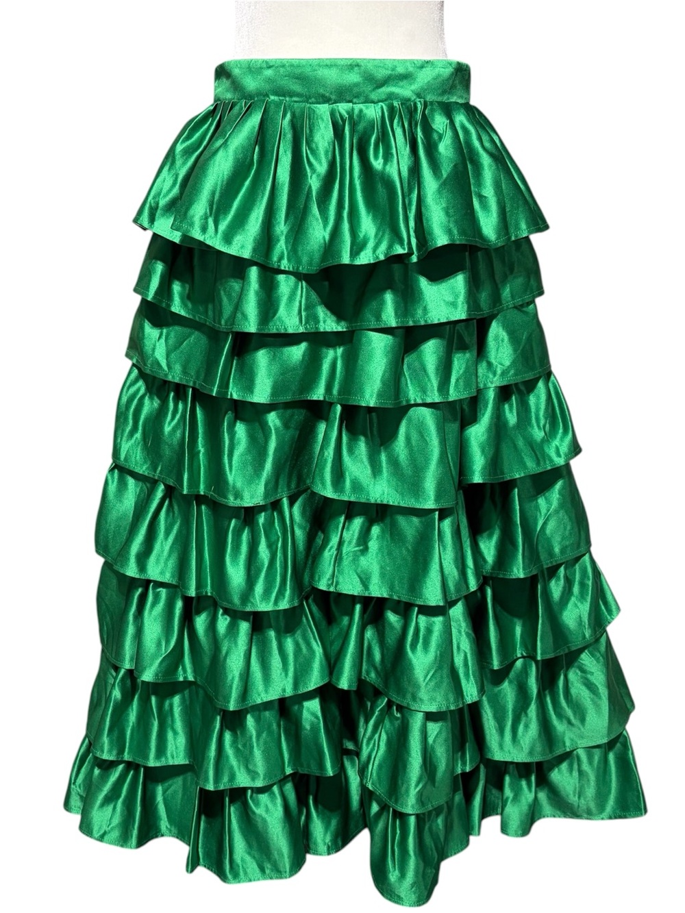 Green Satin Tiered Ruffle Voluminous Maxi Skirt